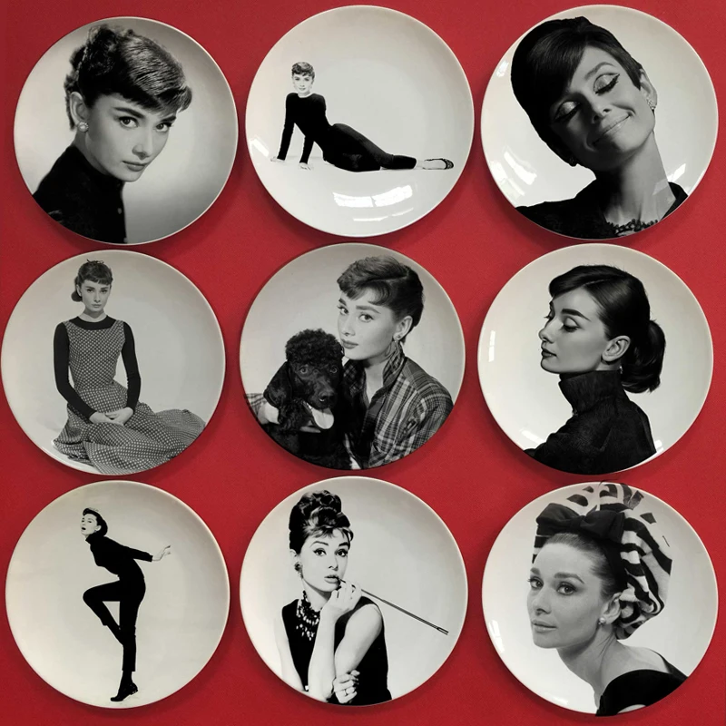 Audrey-hephurn-painting-decorative-plate-home-wall-hanging-dish-white-black-poster-wall-decor-creative-ceramic