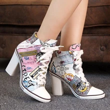 Новинка! Модные кожаные женские ботинки с мультяшным принтом; ботильоны на шнуровке; повседневная обувь; удобная женская обувь на высоком массивном каблуке; Botas Mujer