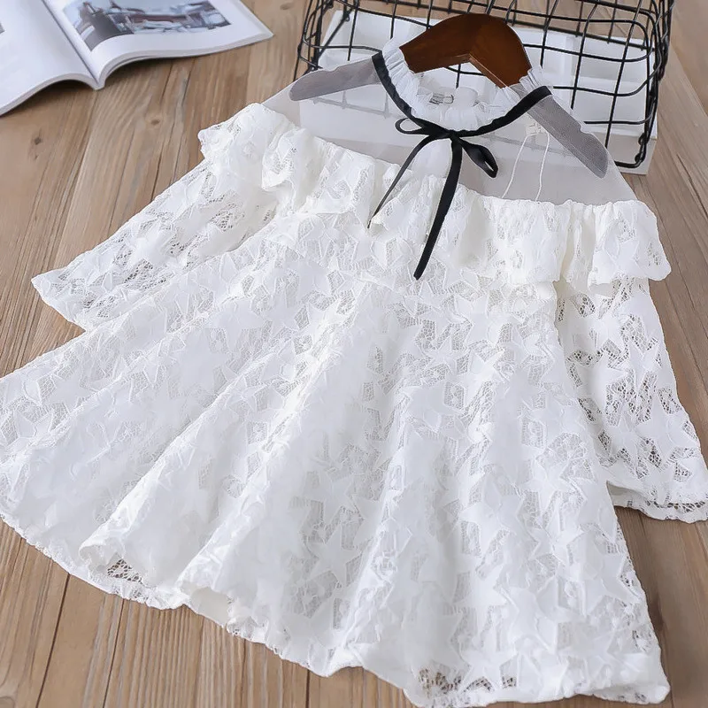

Hurave Kids cute princess Drawstring summer Baby Girl solid lace Dress Clothes Children Long Sleeve mesh clothing Dresses