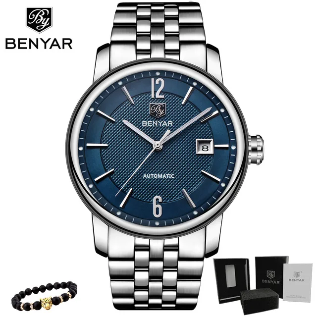 BENYAR 2020 New Fashion Top Luxury Brand Leather Watch Automatic Men Wristwatch Men Mechanical Steel Watches Relogio Masculino Steel-Blue