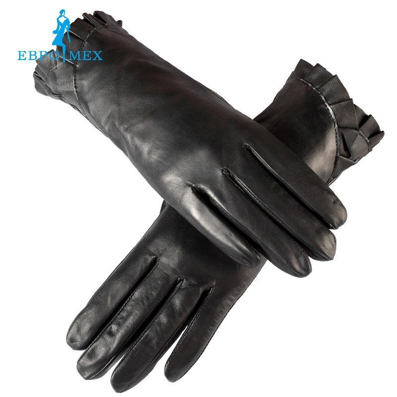 Кожаные перчатки, Натуральная Кожа, Черный, красный, бежевый, гофрирование дизайн женские кожаные перчатки, кожаные зимние перчатки, женские перчатки