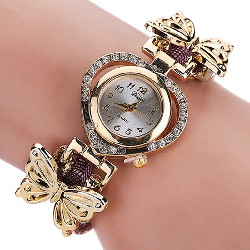 Summer Style Gold Watch Luxury Brand Crystal Heart Watch Women Butterfly Braided Rope Wristwatch Ladies Bracelet Watch Clock