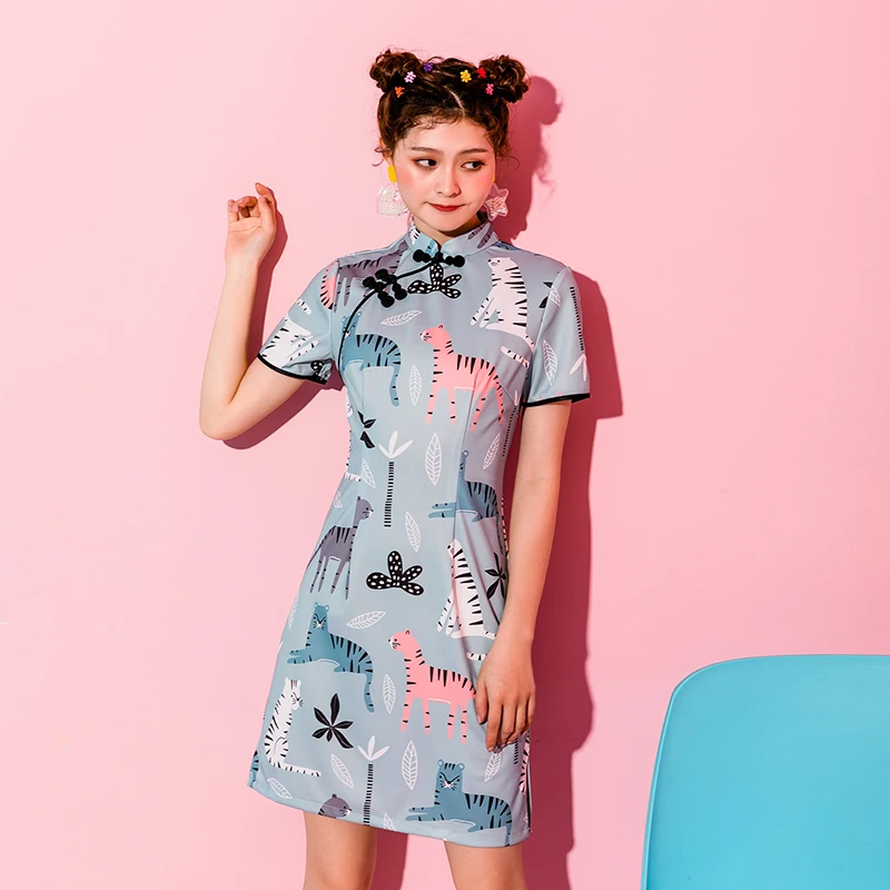 SWEETXUE Cat Leaf Print Cheongsam простое платье модное винтажное Сплит Мини Вечерние платья летние женские ретро платья в китайском стиле