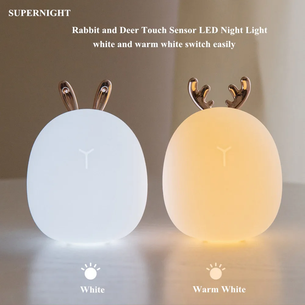 Cartoon Rabbit Deer LED Ambient Night Light Cute Silicone Animal Chargeable Touch Sensor Kids Baby Bedside Table Lamp