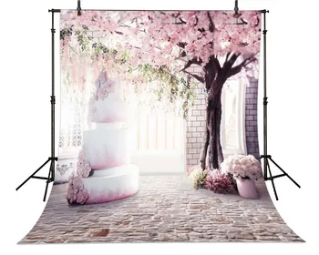 

Brick Wall Cake with Cherry Trees backdrop Vinyl cloth High quality Computer printed wall Backgrounds