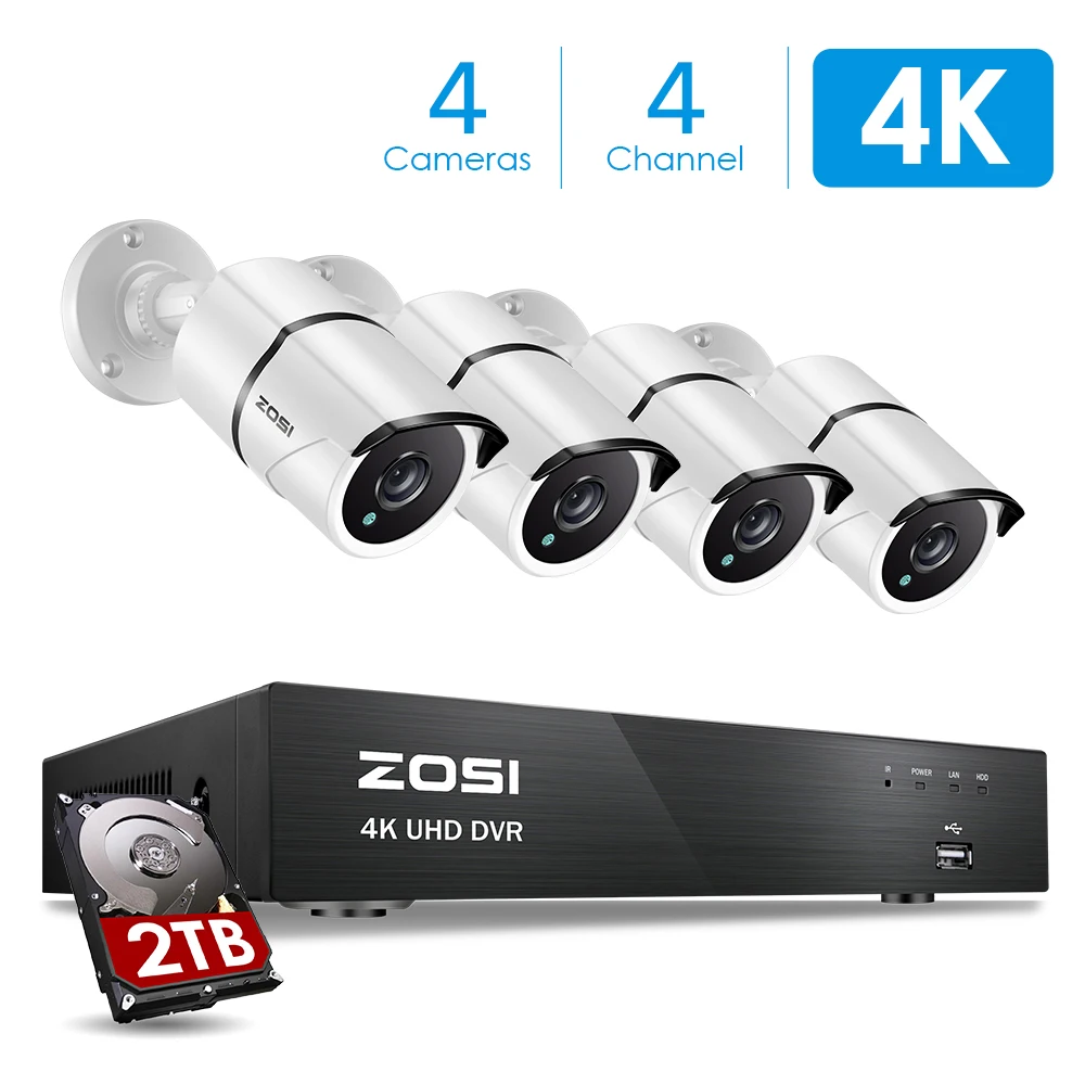 ZOSI 4K Ultra HD система видеонаблюдения 4 канала H.265+ 4K видео Dvr с 2 ТБ HDD и 4x4 K(8MP) Ip67 Пуля Всепогодные Камеры