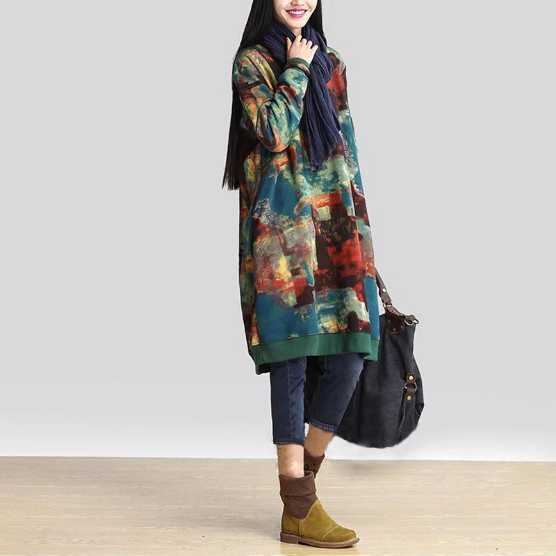 2018 Autumn Women Oversize Loose Sweatshirt Plus Size Warm Hoodie Pullover Top Vintage Retro Dresses Long Hoodies Dress Printed Hoodies