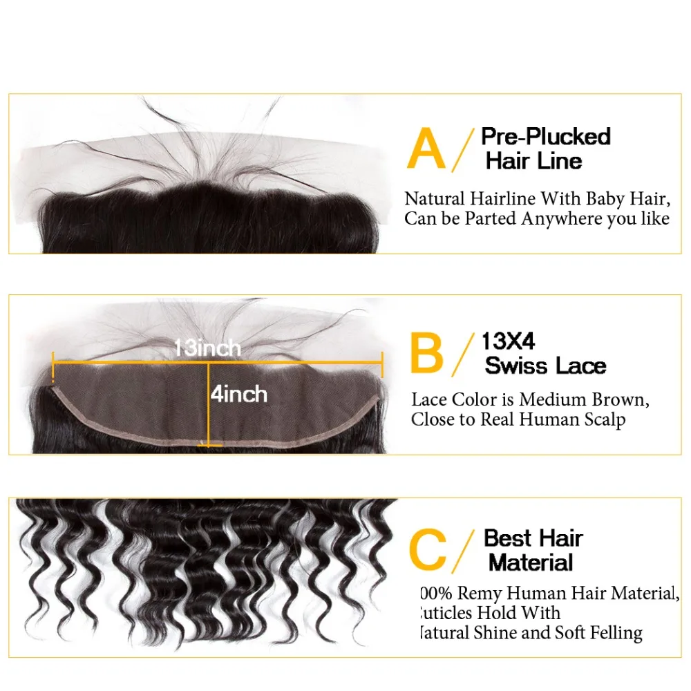 QT Malaysian Hair Loose Deep Wave Lace Frontal Closure Ear to Ear Pre Plucked 13x4 Swiss Lace Natural Color Remy Hair