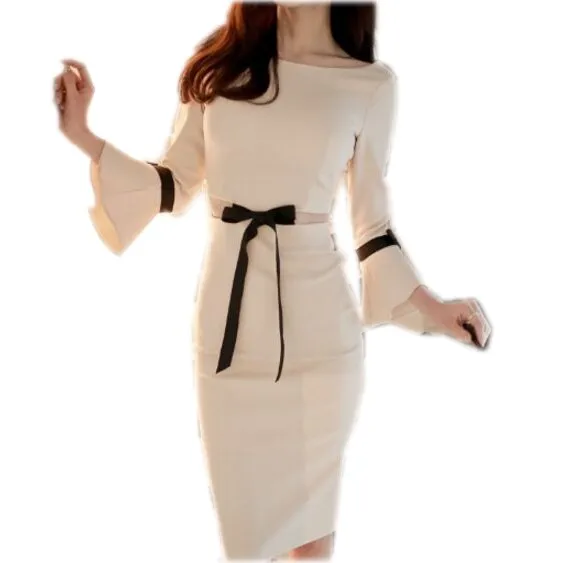 Новейшее весенне-осеннее офисное платье, корейское женское однотонное платье с полым бантом, женское облегающее платье с рукавом 3/4, облегающее платье OL