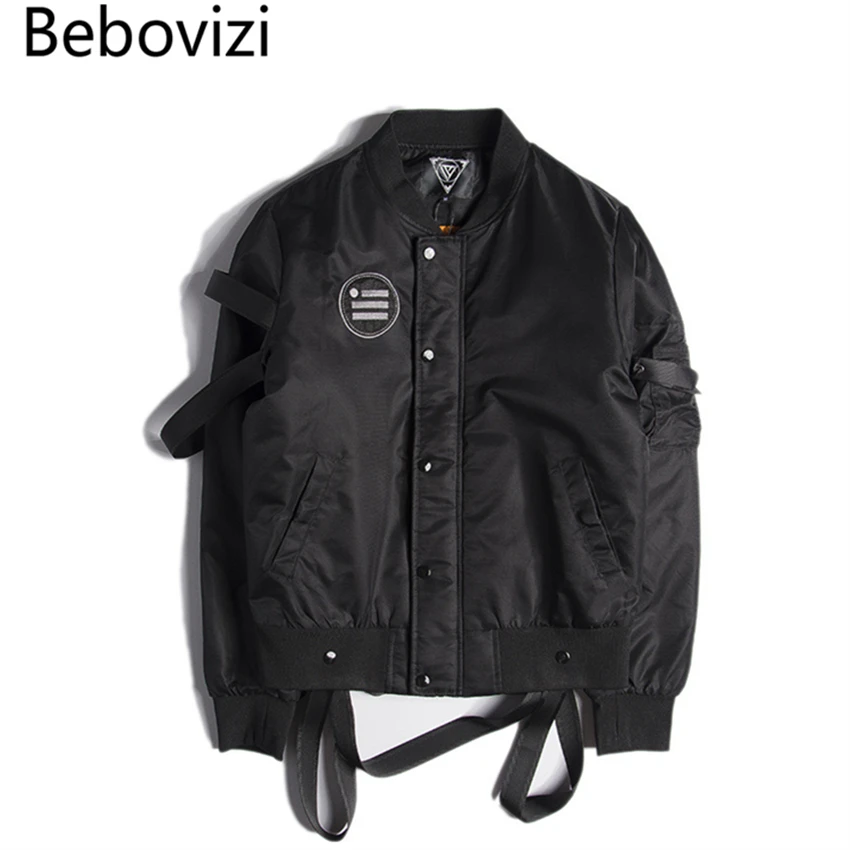 

Bebovizi High Street Hip Hop Black Strap Pilot MA1 Baseball Jacket Skateboard Jacket Cotton Ninja Section Thick Coat Men