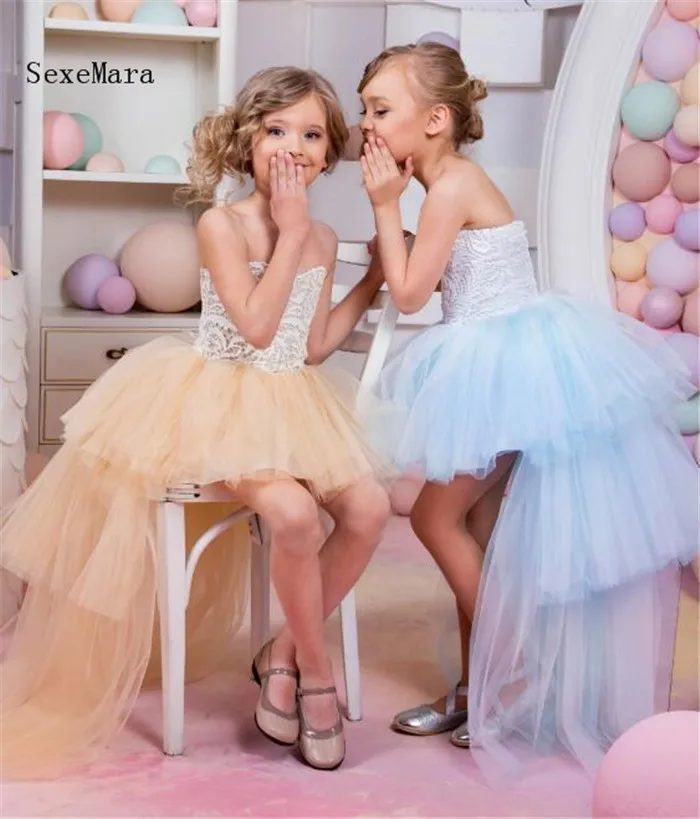 

Gorgeous Custom Girls Dresses for Birthday Party Lace Puffy Tulle High Low Style Flower Girl Dress for Wedding Pageant Gown