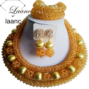 

laanc Big African Gold Jewelry Sets for Women's Nigerian Wedding African Beads Necklace Earring AL075