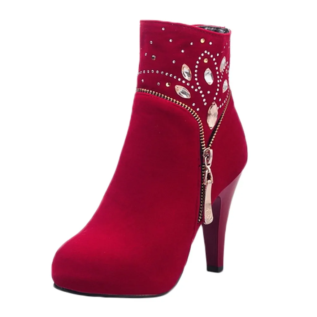 

women boots botas mujer Crystal Solid Zip Round ankle boots for women botines mujer 2019 Platform Toe High Heels Casual Shoes