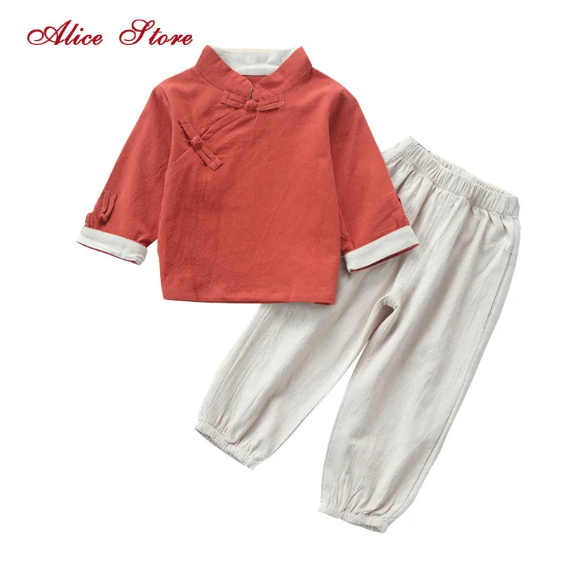 

Children's cotton and linen suit 2018 autumn children's clothing sets boy retro buckle Chinese wind Chinese clothes top+pants