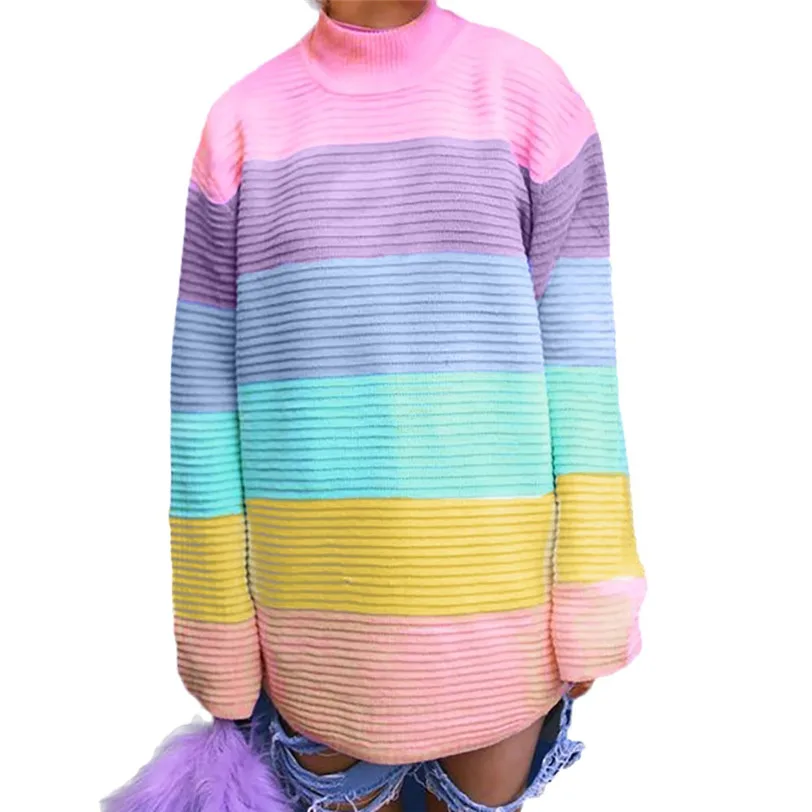 chic rainbow pullover women 2018 stripe women's sweater knitted pulover feminino manga longa inverno dropshipping #F#40OT5 (12)