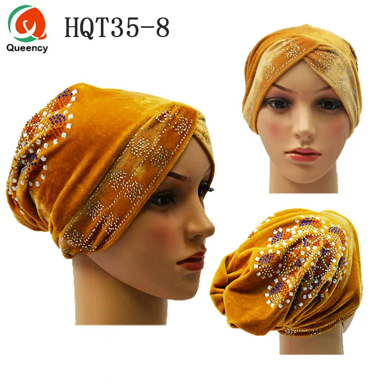 HQT35 нигерийский головной убор с камнями Mutil-color Velvet Tuban cap Головной убор готовая шапка