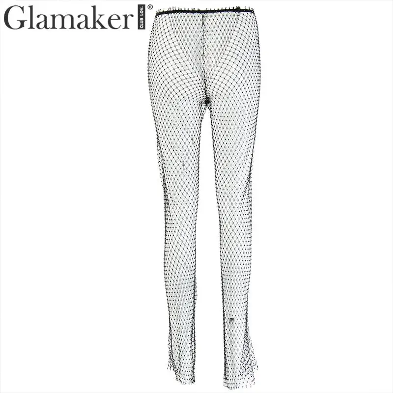 Женские облегающие штаны с высокой талией Glamaker черные брюки со стразами Клубная