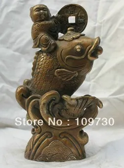 

00342 8.4'' Chinese Folk HandMade Pure Bronze statue Rich fish Boy Zenzai boy Statue