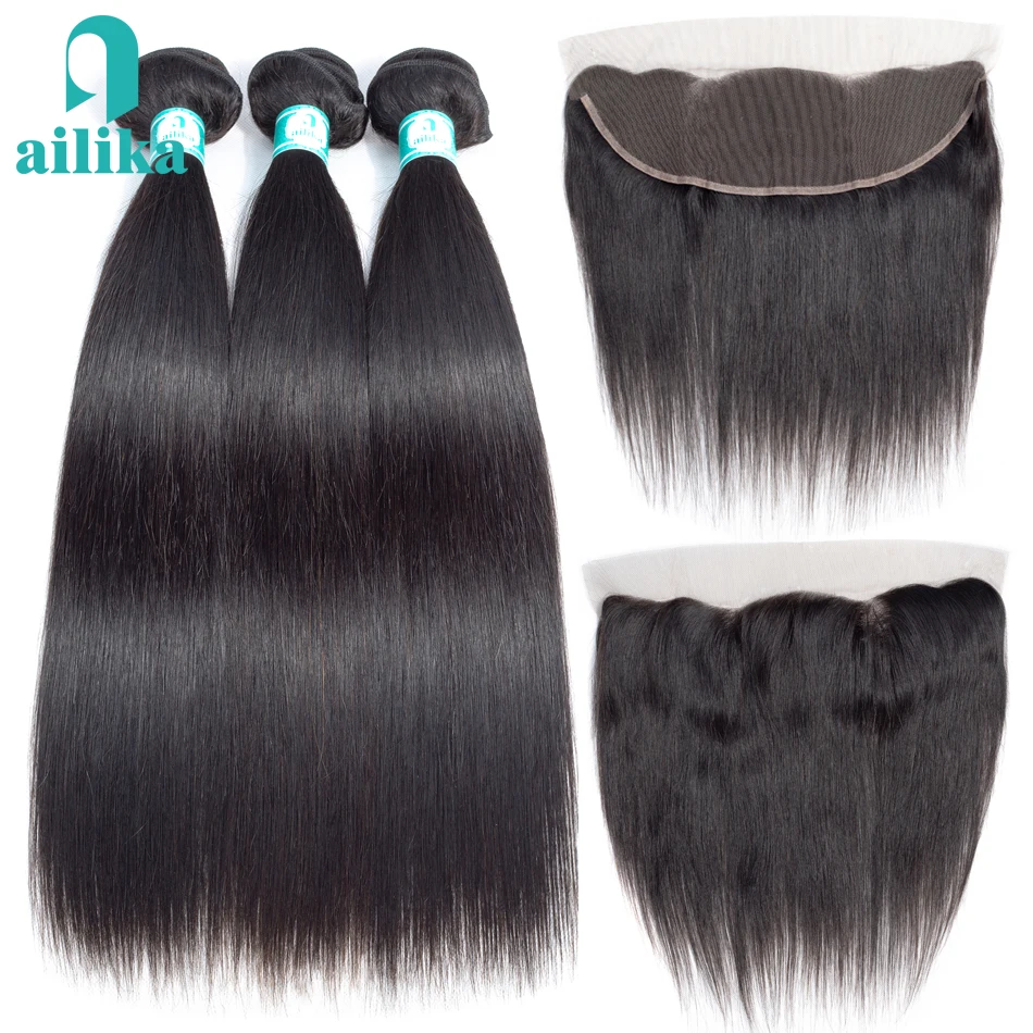 

AILIKA Hair Brazilian Straight Hair Bundles With Frontal Non Remy 3Pcs Human Hair Bundles With Frontal 13*4 Frontal and Bundles