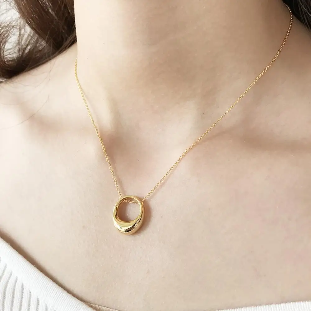 

New Arrival Bohemia Hollowed Oval Pendant Necklace For Women Gold Color Geometric Choker Pure 925 Sterling Silver Jewelry