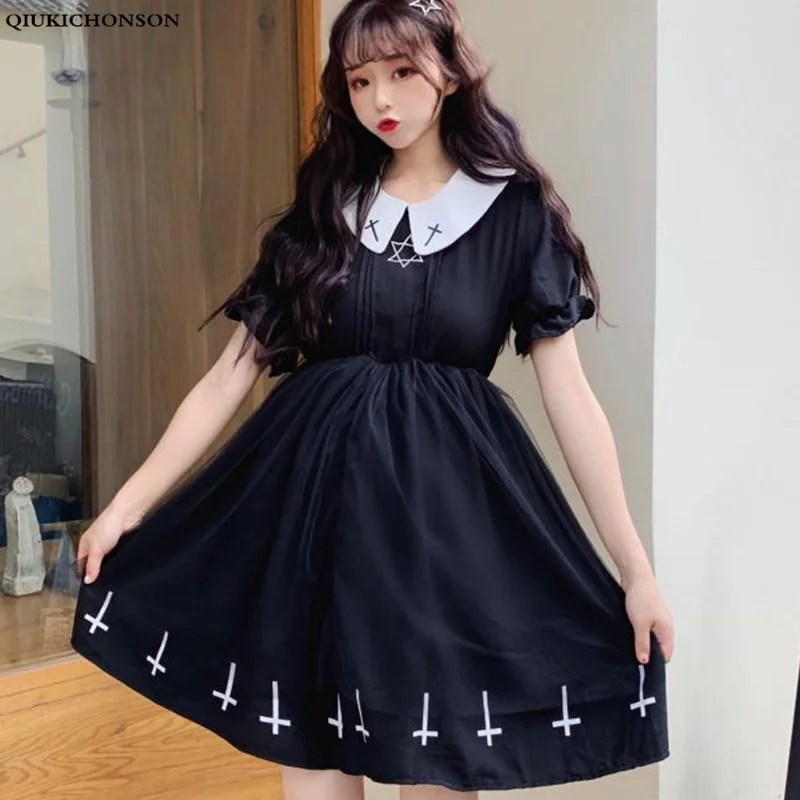

Cross Cosplay Kawaii Dress Japanese Summer Black Dress Star Tulle Dress Peter Pan Collar Cute Short Ruffles Sleeve Mini Dress