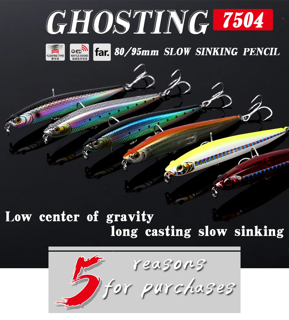 Kingdom Sea Fishing Lures Slow Sinking Pencil 14g 80mm  19g 95mm Hard Baits VMC Hooks Bass Fishing Bait Model 7504 (1)