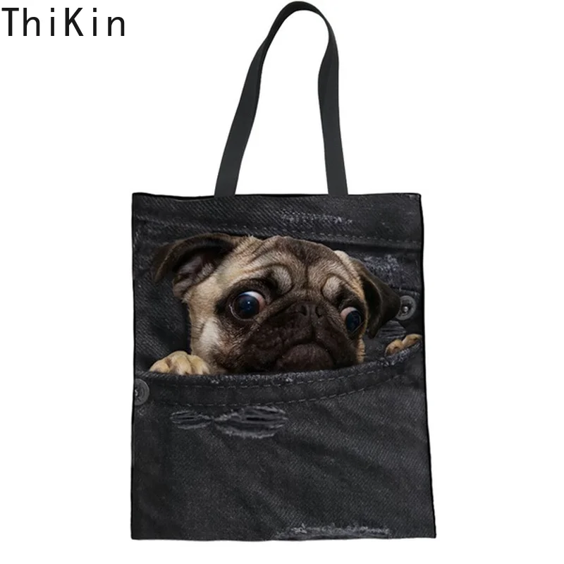 

THIKIN Funny 3D Puppy Fake Pocket Denim Pug Dog Print Women Linen Shopping Tote Bags Cute Animal Grocery Bag Large Reusable Bag