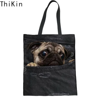 

THIKIN Funny 3D Puppy Fake Pocket Denim Pug Dog Print Women Linen Shopping Tote Bags Cute Animal Grocery Bag Large Reusable Bag