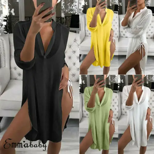 

Women Lace Summer Plus Size Casual V-Neck Double Split Loose Long Sleeve Tops T Shirt