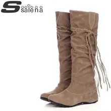 Женские зимние сапоги до колена на платформе; модные теплые высокие сапоги с бахромой; Лидер продаж; B857