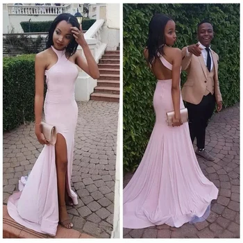 

Glamorous Halter Mermaid Bridesmaid Dresses Simple Pink Side Split frican Bridal Prom Dress Party Gowns Maid Of Honor Dress