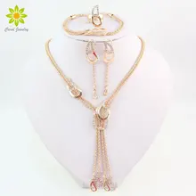Свадебный комплект ювелирных изделий золотого цвета, ожерелье с кисточкой, серьги, браслет, изысканные кольца, Женские Ювелирные наборы, винтажные вечерние аксессуары с кристаллами
