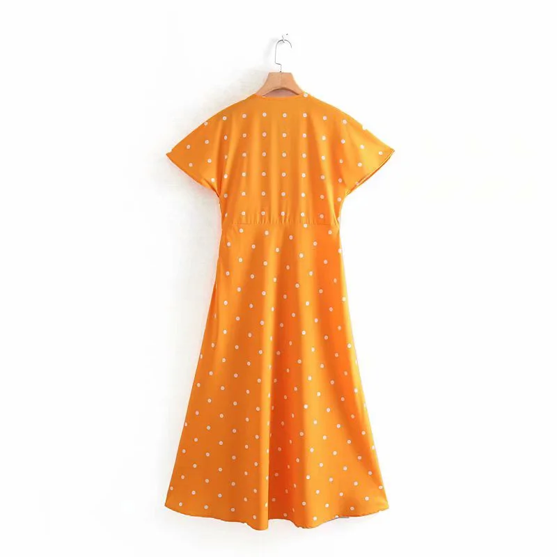 Deep V-Neck Orange Dress Women's Casual Slim Summer A-Line Short Sleeve Long Dot Dress Fashion Beach Loose Dresses
