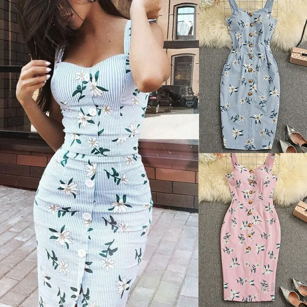

Fashion Women Sleeveless Button Bodycon Floral Sundress Summer Midi Dress Female Party Club Spaghetti Dresses Outfits