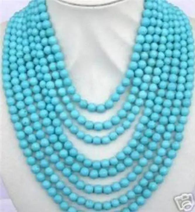 

FREE SHIPPING>>>@@ 8Rows rondes 6 mm blue turquoise necklace 17-24