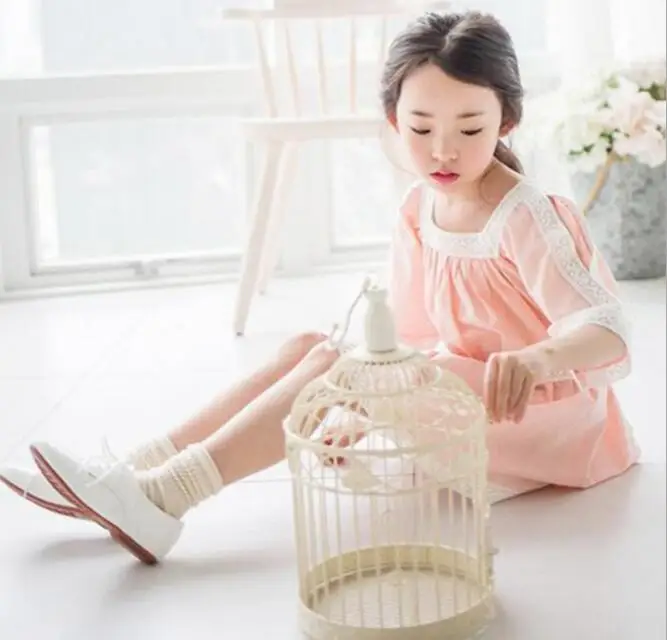 

Girls Lace Stitching Dress Children Kids Summer O-neck Off the Shoulder Half Sleeve Casual Dress with Lace Bow