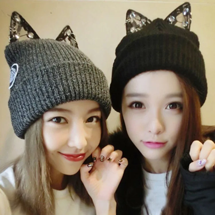 

2016 Fashion Lady Girls Winter Warm Knitting Wool Cat Ear Beanie Knitted Caps Crochet Hat Cute Hedging Hat Winter hats for women