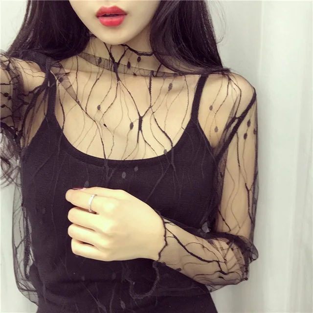 

Mesh T Shirt New Fashion Wild Bottoming Shirt Women Fishing Net Mesh Clothing Perspective Sexy O Neck Long Sleeve Lace Top Tees