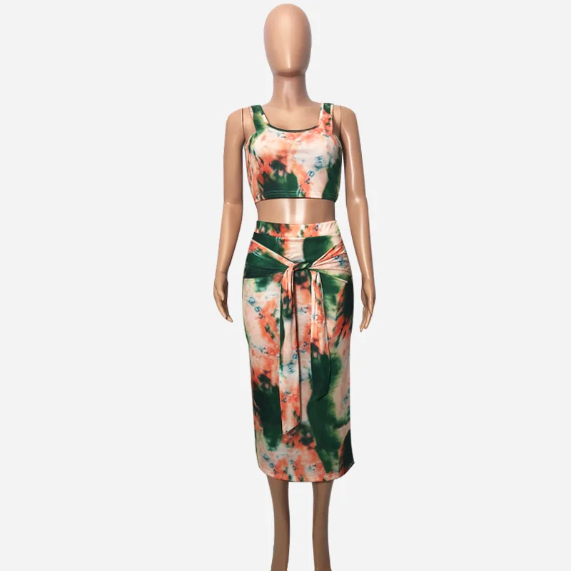 Summer Women Tie-Dye Printed Two Piece Outfits Print New Tight-Fitting Bag Hips 2 Set | Женская одежда