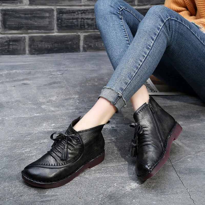 

Women Winter Ankle Boots Low Heels Fringe Fashion Black ShoesFor Women 2018 Handmade Women Leather Martin Boots Soft Bottom