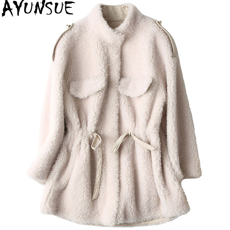

AYUNSUE Sheep Shearing Coats Korean Fashion Real Wool Fur Coat Female 2019 Thick Warm Medium Length Winter Jacket Women WPHPC63