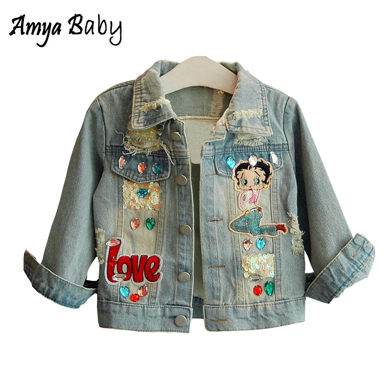 

AmyaBaby 2018 Spring Autumn Kids Coat Long Sleeve Cartoon Child Girl Denim Jacket Toddler Girl Hole Cardigan Jacket Kids Clothes