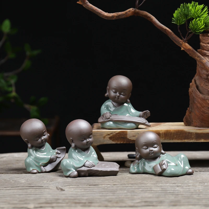 

Zen purple sand buddha statues ceramic Baby monk pottery tea pet home decoration tea playing table ornaments