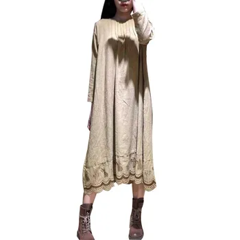 

Cotton Linen Dress Women Autumn Vintage Dress O-neck Pleated Hollow Out Embroidery Dresses