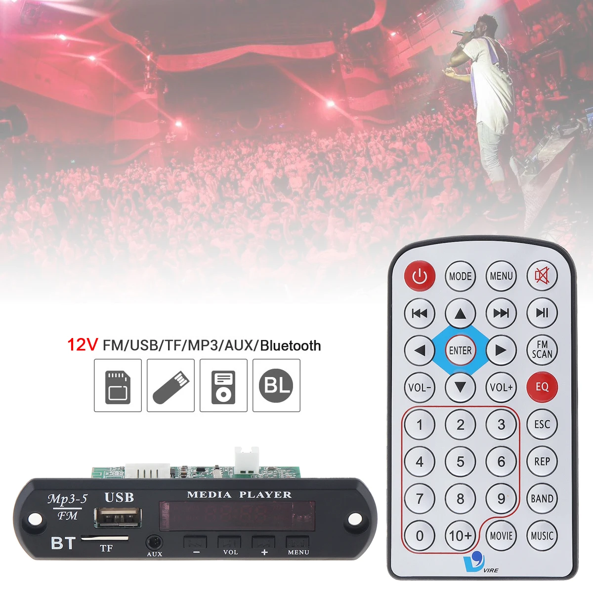 

12V 1080P Wireless Bluetooth Audio Decoder Board WAV MP3 Decoders with Stereo TF Card U Disk MP3 Player for Family Car Home DVD