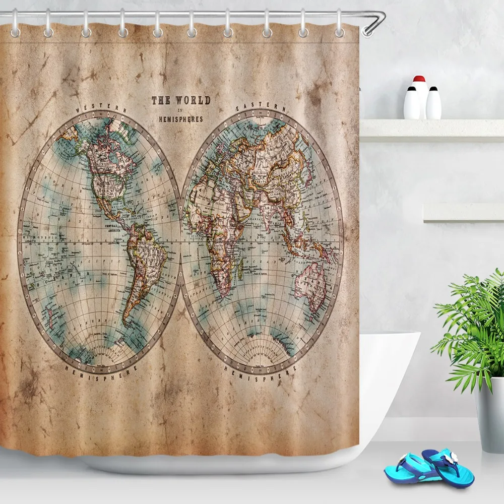 LB Vintage Old World Map in Two Hemispheres Shower Curtains Bathroom