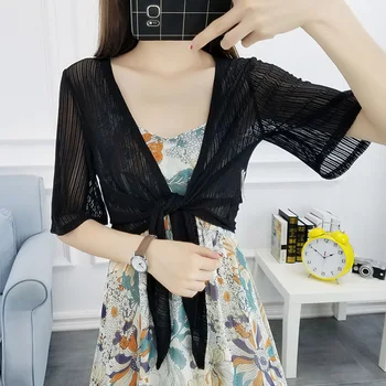 

Hollow Out Summer Women V-Neck Knitted Casual Short Sleeve Cardigans Sweaters Lady Knitting Shrugs Open Stitch Shawl Outwear