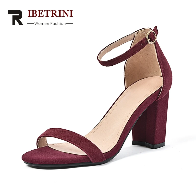 

RIBETRINI 2018 Brand New Kid Suede Genuine Leather Wedding Women Shoes Solid Black Sexy Party Summer Sandals Women