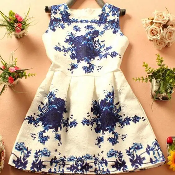 

Vintage Elegant Brand Women Sleeveless Porcelain Print Flare Floral blue white Dress