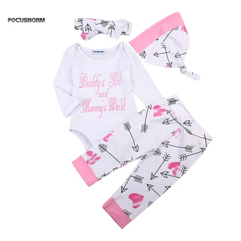 

4pcs Newborn Infant Baby Girls Clothes Short Sleeve White Bodysuit Tops+Print Pants+Headband+Cap Toddler Outfit Set